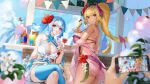 2girls :p absurdres akashic_chronicle balloon bikini blonde_hair blue_hair blue_theme blurry blurry_foreground bottle breasts cellphone cleavage crossed_legs cup day demon_horns demon_tail drinking_glass facial_mark flower food grin hair_flower hair_ornament hibiscus highres holding holding_cup holding_food holding_phone horns ichibi large_breasts looking_at_viewer multiple_girls nail_polish outdoors palm_tree phone pink_nails ponytail popsicle purple_bikini red_eyes red_flower single_thighhigh sitting smartphone smile standing string_of_flags swimsuit tail taking_picture thighhighs tongue tongue_out tree twitter_username white_bikini 