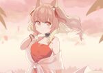  1girl absurdres angelina_(arknights) animal_ears arknights bangs bare_shoulders black_choker blurry blurry_background blush brown_eyes brown_hair choker closed_mouth collarbone depth_of_field dress floating_hair hand_up highres long_hair looking_at_viewer outdoors red_dress ryoku_sui sleeveless sleeveless_dress smile solo twintails upper_body 