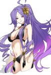  1girl ahoge arlizi bangs bare_shoulders bikini black_bikini black_gloves breasts cleavage collarbone facial_mark fate/grand_order fate_(series) flower forehead forehead_mark gloves hair_flower hair_ornament half_gloves highres large_breasts long_hair looking_at_viewer navel parted_bangs ponytail purple_eyes purple_hair sidelocks smile solo swimsuit thighs very_long_hair wu_zetian_(fate) wu_zetian_(swimsuit_caster)_(fate) 