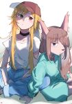  1boy 1girl animal_ears animal_nose arm_support bangs baseball_cap blonde_hair blue_eyes blush brown_hair choker closed_mouth commentary_request denim dog_boy dog_ears ellie_(housamo) feet_out_of_frame furry furry_male green_eyes green_shirt hat heterochromia highres jeans jewelry long_hair long_sleeves necklace pants pink_fur red_eyes sawch_cls shadow shirt short_sleeves snout tanetomo_(housamo) tokyo_afterschool_summoners two-tone_fur wavy_hair white_background white_shirt 