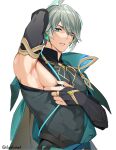  1boy al-haitham_(genshin_impact) aqua_eyes aqua_hair arm_up bangs cape clothes_pull commentary_request covered_navel detached_sleeves genshin_impact grey_hair hair_between_eyes looking_at_viewer male_focus mj_(11220318) multicolored_eyes multicolored_hair nipple_slip nipples parted_lips pectorals red_eyes sidepec simple_background solo toned toned_male twitter_username upper_body white_background 