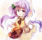  1girl :d bangs beamed_sixteenth_notes biwa_lute dress eighth_note flower hair_flower hair_ornament highres holding holding_instrument instrument ka_(haterun) long_hair long_sleeves looking_at_viewer lute_(instrument) music musical_note one-hour_drawing_challenge open_mouth playing_instrument purple_eyes purple_hair quarter_note smile solo touhou tsukumo_benben yellow_dress 