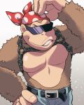  anthro ape bandanna belt bottomwear clothing donkey_kong_(series) eyewear funky_kong gorilla grin haplorhine harness kerchief male mammal minashirazu muscular muscular_male nintendo pecs primate shorts smile solo sunglasses video_games 