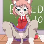  absurd_res anthro anus artmarshmallow capcom clothed clothing desk eyewear felid felyne female furniture genitals glasses hi_res looking_down lynian mammal monster_hunter monster_hunter_stories_2:_wings_of_ruin no_underwear on_desk open_mouth palico pussy solo spread_legs spreading table teacher tsukino_(monster_hunter_stories) upskirt video_games 