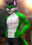  2022 5_fingers absurd_res anthro artist_name black_bottomwear black_clothing bluewolfartista blurred_background bottomwear canid canine clothed clothing fingers fox fur green_body green_fur hair hi_res inside male mammal patreon solo topless topless_anthro topless_male unamused white_body white_fur 