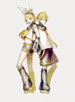  1boy 1girl back-to-back bangs bass_clef black_shorts black_sleeves blonde_hair blue_eyes bow closed_mouth crop_top derivative_work detached_sleeves english_commentary eyebrows_hidden_by_hair flipped_hair full_body grey_background hair_bow headset highres kagamine_len kagamine_rin knees_apart_feet_together leg_warmers looking_at_viewer microphone midriff mixed-language_commentary neckerchief necktie nunosei open_mouth parted_bangs sailor_collar sailor_shirt shirt shoes short_hair short_shorts shorts simple_background smile spiked_hair standing teeth treble_clef upper_teeth vocaloid vocaloid_boxart_pose white_bow white_footwear white_shirt yellow_nails yellow_neckerchief yellow_necktie 