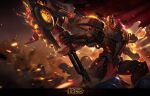  1boy alternate_costume armor axe black_eyes black_hair blurry blurry_background chest_armor clenched_hands covered_mouth darius_(league_of_legends) dreadnova_darius explosion fighting fighting_stance flaming_weapon highres jojo league_of_legends logo loincloth looking_to_the_side male_focus manly mask mature_male muscular muscular_male official_art shoulder_armor solo undercut weapon 
