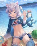  1girl absurdres adapted_costume animal_ear_fluff animal_ears beach bikini bloop_(gawr_gura) blue_bikini blue_eyes blue_hair blue_nails blue_sky blue_theme breasts cat_ears claw_pose cloud cloudy_sky commentary_request conch day fish_tail food frilled_bikini frills fruit gawr_gura grey_hair hair_ornament hand_up highres hololive hololive_english hood hood_down long_sleeves medium_hair multicolored_hair nail_polish navel nekopurin_(nyanko_prin) open_mouth outdoors sand seiza shark_girl shark_print shark_tail sharp_teeth shrug_(clothing) sitting sky small_breasts solo_focus starfish streaked_hair swimsuit tail teeth two_side_up virtual_youtuber water watermelon watermelon_slice wide_sleeves 