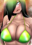  1girl bags_under_eyes bangs bare_shoulders bikini black_hair blue_eyes blush breasts commentary_request hair_over_one_eye hakkasame head_tilt highres large_breasts long_bangs long_hair open_mouth original plump solo steam sweat swimsuit wavy_mouth yellow_bikini 