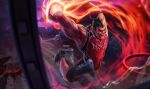  1boy alternate_costume arm_tattoo armpits basket basketball basketball_jersey basketball_uniform biceps darius_(league_of_legends) dunkmaster_darius fantasy fire flaming_hand highres hugenfast league_of_legends male_focus manly mature_male muscular muscular_male official_art outdoors screaming shoes short_hair shorts sky snickers spiked_hair sportswear stadium tattoo teeth thick_arms thick_eyebrows tongue 
