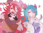  2girls bangs black_gloves blue_hair dragalia_lost fang gloves hair_between_eyes heart heart_hands highres long_hair looking_at_viewer mercury_(dragalia_lost) multicolored_hair multiple_girls mym_(dragalia_lost) oh01861884 one_eye_closed open_mouth red_eyes red_hair skin_fang upper_body very_long_hair white_background 