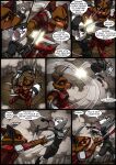  2017 absurd_res anthro armor brown_body brown_fur colored comic dialogue dialogue_box duo female fight fur headgear helmet hi_res kitfox-crimson lehna_(kitfox-crimson) male mammal melee_weapon murid murine procyonid raccoon rat red_eyes rodent speech_bubble sword weapon white_body white_fur 