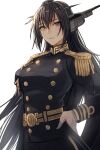  1girl alternate_costume black_hair black_jacket breasts epaulettes gloves hair_between_eyes hand_on_hip headgear highres jacket kantai_collection kasumi_(skchkko) large_breasts long_hair looking_at_viewer military military_uniform nagato_(kancolle) parted_lips red_eyes simple_background solo uniform upper_body white_gloves 