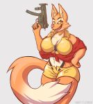  anthro big_breasts bottomwear breasts canid canine cleavage clothed clothing cosplay costume crop_top diane_foxington digital_media_(artwork) dreamworks female fox fur gun hair hi_res hotpants looking_at_viewer mammal midriff mp5k navel open_mouth randt ranged_weapon shirt shorts simple_background smile solo suspenders sweater the_bad_guys topwear weapon 