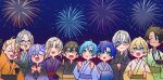  6+boys :d :o ^_^ absurdres aerial_fireworks alternate_costume aqua_eyes aragami_oga arm_up arurandeisu astel_leda axel_syrios bangs beard black_gloves black_hair black_kimono black_shirt blonde_hair blue_eyes blue_hair blue_kimono braid bright_pupils camera clenched_hands closed_eyes crossed_arms crossed_bangs curtained_hair dark-skinned_male dark_skin earrings facial_hair fang fireworks glasses gloves gradient_kimono green_eyes green_kimono grey_hair hair_between_eyes hands_in_opposite_sleeves highres hitodama holding holding_camera holostars holostars_english horns japanese_clothes jewelry kimono kishido_temma long_hair looking_up low_ponytail magni_dezmond male_focus minase_rio mole mole_under_mouth multicolored_hair multiple_boys night noir_vesper official_alternate_hairstyle orange_kimono parted_bangs purple_eyes purple_hair purple_kimono red_hair regis_altare shirt short_hair side_braid single_horn skin_fang smile streaked_hair turtleneck upper_body virtual_youtuber white_pupils yatogami_fuma yellow_eyes yellow_kimono yonyo_(kskr0711) yukata 