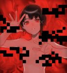  1girl asymmetrical_hair bare_shoulders brown_eyes brown_hair censored hair_ornament hairclip highres iwakura_lain looking_at_viewer serial_experiments_lain short_hair soji_777 solo topless x_hair_ornament 