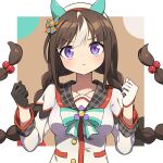  1-4daithi 1girl absurdres animal_ears anime_coloring beret blush braid breasts collarbone commentary_request gloves hat highres hokko_tarumae_(umamusume) horse_ears long_hair looking_at_viewer medium_breasts pout purple_eyes ribbon simple_background solo twin_braids umamusume 