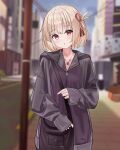  1girl absurdres bag bangs black_jacket blonde_hair blurry blurry_background bob_cut building casual commentary_request hair_ribbon highres jacket long_sleeves looking_at_viewer lycoris_recoil nagisa_(cxcx5235) nishikigi_chisato outdoors power_lines red_eyes red_ribbon ribbon road short_hair solo street utility_pole 