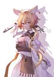 1girl absurdres animal_ears arknights bangs blonde_hair breasts cleavage clipboard coat crossed_arms crossed_bangs dorothy_(arknights) ear_tag gloves highres holding holding_clipboard long_hair mouse_ears mouse_girl mr_yue_jian off_shoulder open_clothes open_coat shadow two-tone_shirt white_background white_coat yellow_gloves 
