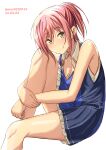  1girl absurdres baldr_(series) baldr_sky breasts cleavage collarbone dated dress from_side highres hugging_own_legs looking_at_viewer m.a.o nagisa_chinatsu pink_hair ponytail short_hair sitting sleeveless sleeveless_dress smile solo twitter_username white_background yellow_eyes 
