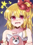  1girl bewear blonde_hair crying fangs flandre_scarlet highres norori one_side_up pointy_ears pokemon pokemon_(game) pokemon_sm red_eyes short_hair sleeveless slit_pupils solo stuffed_toy touhou 