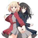  2girls :d absurdres bangs belt black_hair blonde_hair blue_belt blue_dress blue_ribbon blush bob_cut closed_mouth collared_shirt commentary_request dress felutiahime green_ribbon grey_dress hair_ribbon highres holding_hands inoue_takina long_hair looking_at_viewer looking_to_the_side lycoris_recoil lycoris_uniform multiple_girls neck_ribbon nishikigi_chisato open_mouth pleated_dress purple_eyes red_belt red_dress red_eyes red_ribbon ribbon school_uniform shirt short_hair simple_background smile teeth two-tone_dress upper_teeth white_background white_shirt 