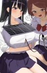  2girls arm_under_breasts bangs black_hair blue_skirt blush bow bowtie breasts brown_hair closed_mouth collarbone collared_shirt highres kaisen_chuui large_breasts multiple_girls open_mouth original purple_eyes red_bow red_bowtie shirt skirt smile solar_panel thighs white_shirt 