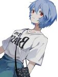  1girl alternate_costume ayanami_rei backwards_text bag bangs blue_hair breasts closed_mouth commentary dango_(uni_520) expressionless hair_between_eyes handbag highres looking_at_viewer neon_genesis_evangelion red_eyes short_hair simple_background solo the_beatles 