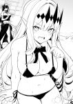  2girls bangs bare_shoulders bikini breasts cleavage collarbone earrings fairy_knight_tristan_(fate) fate/grand_order fate_(series) greyscale jewelry large_breasts long_hair looking_at_viewer minamoto_no_raikou_(fate) minamoto_no_raikou_(swimsuit_lancer)_(fate) monochrome multiple_girls open_mouth pointy_ears shiseki_hirame sidelocks solo_focus swimsuit thighs tiara 