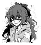  1girl bangs bow commentary_request debt eyes_visible_through_hair greyscale hair_between_eyes hood hoodie long_hair looking_at_viewer monochrome open_mouth re_ghotion shaded_face short_sleeves simple_background smile solo touhou upper_body white_background yorigami_shion 
