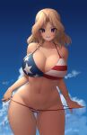  1girl :d absurdres american_flag_bikini bangs bare_arms bare_shoulders bikini bikini_pull blonde_hair blue_eyes blue_sky breasts cleavage clothes_pull collarbone cowboy_shot day flag_print girls_und_panzer grabbing_another&#039;s_hair grin groin highres huge_breasts kay_(girls_und_panzer) looking_at_viewer navel outdoors parted_bangs parted_lips sky smile solo star_(symbol) stomach swimsuit thigh_gap wide_hips xyv_1 