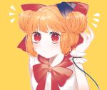  1girl absurdres alternate_hairstyle bangs blush bow bowtie chain commentary_request double_bun hair_bow hair_bun hand_to_head highres horns ibuki_suika looking_at_viewer orange_hair parted_lips portrait red_bow red_eyes shirt sidelocks sleeveless sleeveless_shirt solo toraneko_2 touhou white_shirt wrist_cuffs yellow_background 