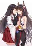  2girls akagi_(kancolle) akagi_(warship_girls_r) aoi_(buzhuen444) artist_request bangs black_hair black_kimono blunt_bangs blush breasts brown_eyes brown_hair check_artist cleavage closed_eyes collarbone crossover dual_persona food hair_ornament hakama hakama_short_skirt hakama_skirt headgear heart highres holding_hands interlocked_fingers japanese_clothes kantai_collection kimono large_breasts long_hair long_sleeves multiple_girls muneate namesake obi pocky pocky_kiss red_hakama remodel_(warship_girls_r) sarashi sash shared_food simple_background skirt thighhighs warship_girls_r white_background white_thighhighs wide_sleeves yuemanhuaikong yuri 