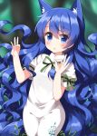  1girl animal_ears blue_eyes blue_hair blush cosplay fox_ears green_ribbon hair_between_eyes highres kudamaki_tsukasa kudamaki_tsukasa_(cosplay) long_hair looking_at_viewer one-hour_drawing_challenge parted_lips ribbon romper ruu_(tksymkw) short_sleeves solo touhou wavy_hair white_romper yorigami_shion 