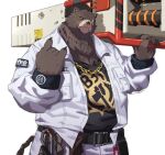  2022 absurd_res anthro ben_(zenless_zone_zero) bottomwear clothing hi_res humanoid_hands kemono male mammal mihoyo overweight overweight_male pants scar shirt silentyed simple_background solo topwear ursid video_games weapon zenless_zone_zero 