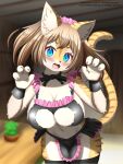  2022 4_fingers anthro big_breasts blue_eyes blush breasts brown_hair claws cleavage cleavage_cutout clothed clothing cute_fangs faroula_twitt felid female female_anthro finger_claws fingers frilly frilly_clothing fur hair hi_res kemono legwear maid_uniform mammal multicolored_body multicolored_fur open_mouth pantherine skimpy solo thigh_highs tiger tongue uniform 