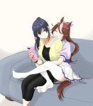  ! 2girls animal_ears black_hair brown_hair carrot_print cellphone closed_eyes collarbone couch female_trainer_(umamusume) food_print frilled_skirt frills high_ponytail highres holding holding_phone hood hooded_jacket horse_ears horse_girl horse_tail hug jacket motion_lines multicolored_hair multiple_girls phone pleated_skirt poteo_(poteo_mot) puffy_short_sleeves puffy_sleeves purple_shirt sailor_collar sailor_shirt school_uniform shiny shiny_hair shirt short_sleeves skirt smartphone smile streaked_hair summer_uniform tail thighhighs tokai_teio_(umamusume) tracen_school_uniform umamusume white_hair white_skirt white_thighhighs wiggling_toes yellow_jacket yuri 