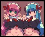  2girls :d aqua_eyes bangs blue_hair blunt_bangs blush bow breasts brown_background commentary_request groin hair_bow highres holding holding_clothes holding_panties holding_underwear large_breasts long_hair long_sleeves looking_at_viewer maid maid_headdress mouth_hold multiple_girls necktie open_mouth original out-of-frame_censoring panties pink_hair pointy_ears presenting_panties red_bow red_eyes red_necktie simple_background smile striped striped_panties underwear white_panties zankuro 
