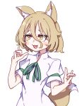  1girl absurdres animal_ears blonde_hair blush_stickers double_fox_shadow_puppet fox_ears fox_shadow_puppet fox_tail green_ribbon highres kame_(kamepan44231) kudamaki_tsukasa one-hour_drawing_challenge open_mouth ribbon romper short_hair short_sleeves simple_background solo tail touhou white_background white_romper yellow_eyes 