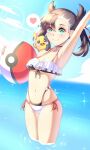  anisdrawn asymmetrical_bangs ball bangs beach beachball bikini black_choker black_hair choker earrings green_eyes hair_ribbon heart highres jewelry marnie_(pokemon) medium_hair morpeko morpeko_(full) ocean poke_ball pokemon pokemon_(game) pokemon_swsh ribbon speech_bubble swimsuit twintails 