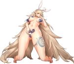  1girl ahoge animal_ears arched_back areola_slip ass_visible_through_thighs bad_id barefoot blonde_hair blush body_bridge breasts closed_mouth fake_animal_ears faucre_the_evil_overlord full_body game_cg groin hand_on_own_crotch hand_to_own_mouth headband highres inactive_account kakiman large_breasts last_origin leg_tattoo linea_alba long_hair maebari navel nude official_alternate_costume official_art ofuda ofuda_on_nipples ofuda_on_pussy partially_visible_vulva pasties rabbit_ears tachi-e tattoo thick_thighs thighs tiptoes transparent_background underboob very_long_hair wide_hips yellow_eyes 