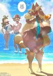  2022 absurd_res anthro areola beach big_breasts bikini blush breasts brown_body brown_fur clothed clothing cross-popping_vein dialogue english_text erection erection_under_clothing female fur generation_4_pokemon group hi_res hilbert_(pok&eacute;mon) hilda_(pok&eacute;mon) huge_breasts human lollipopcon lopunny male mammal nintendo nipple_outline pokemon pokemon_(species) seaside sling_bikini swimwear text video_games 