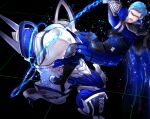  1boy :d astral_chain belt black_background blue_eyes blue_hair bodysuit chain glasses highres holding holding_weapon pouch smile solo weapon xiangzhi08 