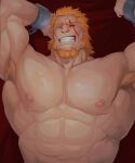  1boy abs absurdres bara blush bound bound_wrists clenched_teeth fire_emblem fire_emblem_heroes glensaru highres large_pectorals male_focus muscular muscular_male nipples one_eye_closed orange_hair pectorals restrained scar scar_across_eye scar_on_face short_hair solo surtr_(fire_emblem) teeth 