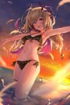  1girl absurdres amane_kanata angel angel_wings armpits bangs bare_arms bikini black_bikini blurry blurry_foreground blush bow breasts dutch_angle falling_feathers feathers frilled_bikini frills from_below grey_hair groin hair_bow hair_ornament hairclip halo halterneck highres hololive long_hair looking_at_viewer multicolored_hair navel open_mouth orange_sky outdoors outstretched_arms pink_hair purple_eyes rei_(9086) side-tie_bikini sidelocks signature sky small_breasts smile solo star_halo stomach swimsuit thighlet thighs two_side_up virtual_youtuber wading water water_drop wings 