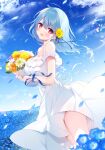 1girl bare_shoulders blue_flower blue_hair blue_ribbon blurry blurry_background blurry_foreground blush bouquet breasts cleavage cloud collarbone dress falling_petals field flower flower_field frilled_sleeves frills hair_blowing hair_flower hair_ornament head_tilt highres hisagi_(puchimaple) holding holding_bouquet hoshino_supika large_breasts light_blue_hair light_particles looking_at_viewer looking_to_the_side masquerade_channel medium_hair no_bra open_mouth original petals pink_eyes ribbon see-through see-through_dress sky smile sundress thighs white_dress white_ribbon wind wind_lift 