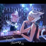  2girls absurdres animal_ears bangs bar bartender black_dress bracelet breasts cat_ears cat_tail cocktail_glass cup dark-skinned_female dark_skin dress drinking_glass facial_mark final_fantasy final_fantasy_xiv grey_eyes grey_hair highres hjz_(artemi) jewelry lalafell letterboxed long_hair looking_at_viewer medium_breasts miqo&#039;te multiple_girls neck_tattoo pink_hair pointy_ears ponytail ring short_hair sleeves_rolled_up tail tataru_taru tattoo upper_body whisker_markings y&#039;shtola_rhul 