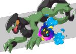  45_(maruyaki45) absurdres black_eyes bright_pupils commentary_request cosmog cyclizar from_side grey_background highres looking_to_the_side no_humans open_mouth pokemon pokemon_(creature) tongue white_pupils yellow_eyes 