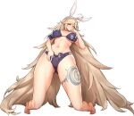  1girl ahoge animal_ears arched_back ass_visible_through_thighs bad_id barefoot bikini blonde_hair blush body_bridge breasts closed_mouth fake_animal_ears faucre_the_evil_overlord full_body game_cg groin hand_on_own_crotch hand_to_own_mouth headband highres inactive_account kakiman large_breasts last_origin leg_tattoo linea_alba long_hair navel nude official_alternate_costume official_art ofuda ofuda_on_clothes purple_bikini rabbit_ears swimsuit tachi-e tattoo thick_thighs thighs tiptoes transparent_background underboob very_long_hair wide_hips yellow_eyes 