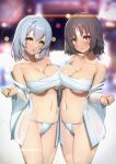  2girls absurdres black_hair blurry blush bokeh breast_press breasts budget_sarashi cameltoe closed_mouth collarbone commentary_request copyright_request depth_of_field fundoshi grey_hair hand_up highres ichihachiyon japanese_clothes large_breasts looking_at_viewer multiple_girls navel off_shoulder open_mouth red_eyes sarashi see-through short_hair standing stomach sweat yellow_eyes 